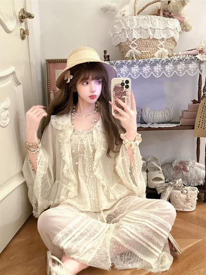 Sun-protective Apricot Bell Sleeves Ruffled With Cardigan