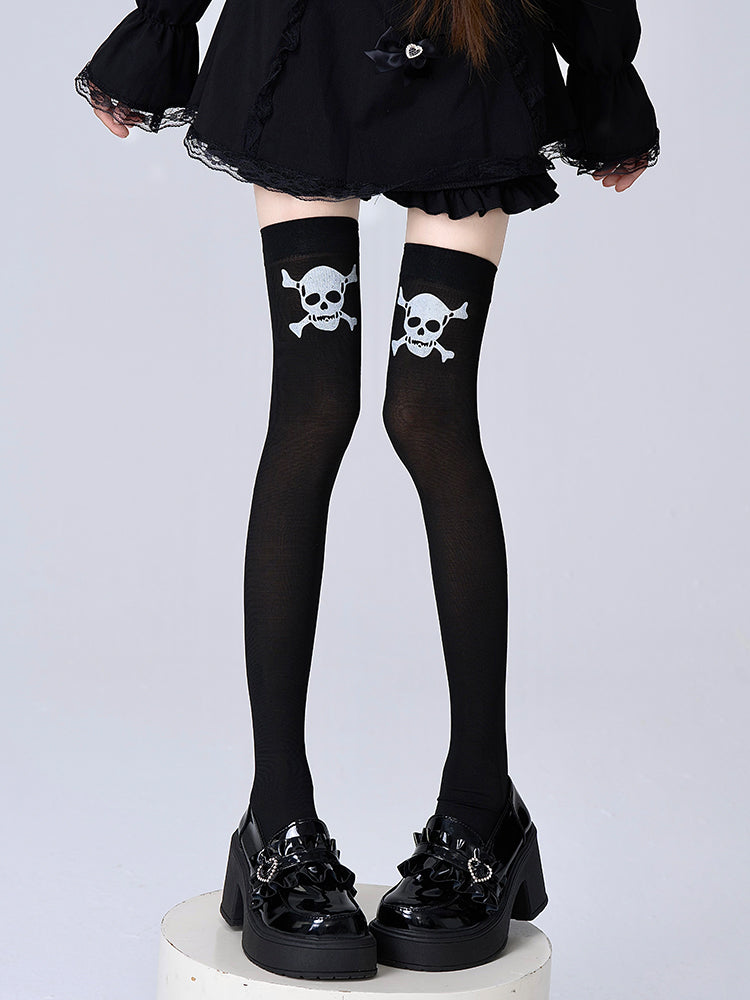 Over Skull Knee Stockings Black/White Print
