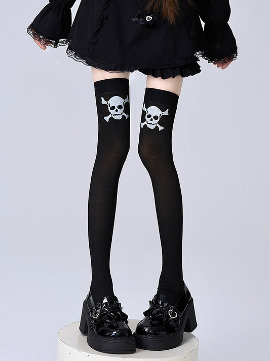 Over Skull Knee Stockings Black/White Print