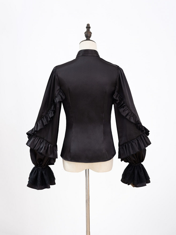 All-Black Ruffled Bodice Shirt with Flounce Trim and Long Sleeves - DevilInspired Exclusive Collection