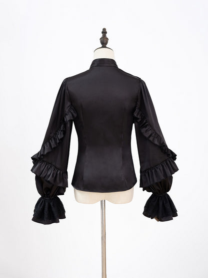 All-Black Ruffled Bodice Shirt with Flounce Trim and Long Sleeves - DevilInspired Exclusive Collection