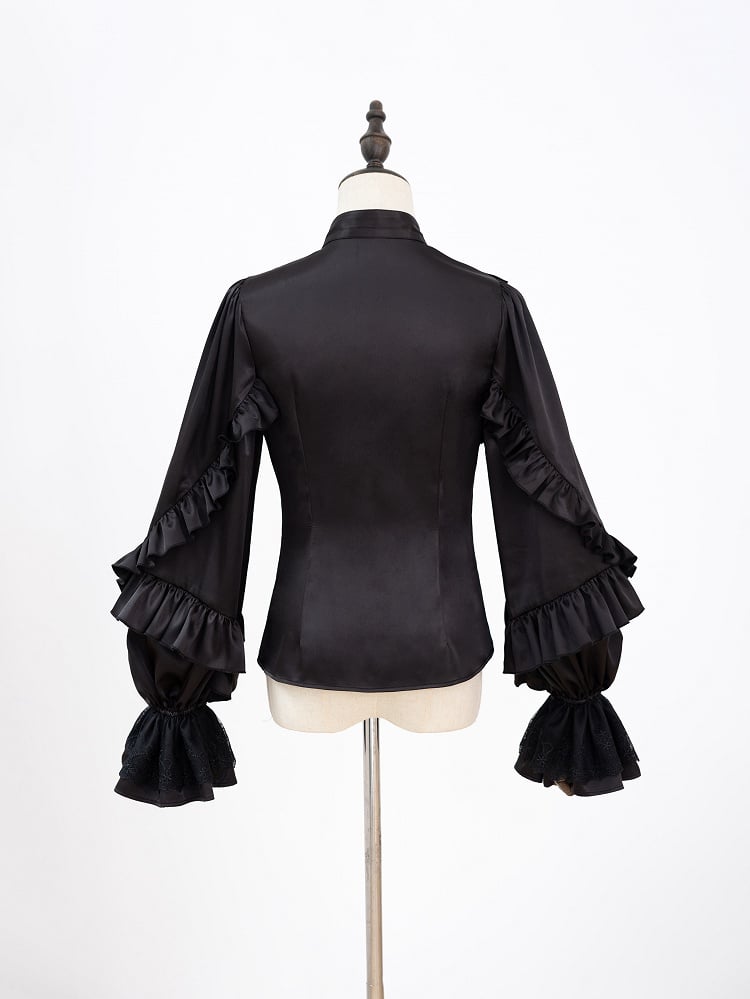 All-Black Flounce Trim Shirt with Cascading Ruffles - DevilInspired Exclusive Collection