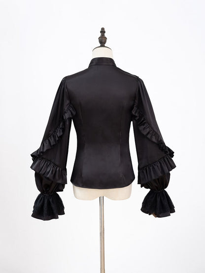 All-Black Flounce Trim Shirt with Cascading Ruffles - DevilInspired Exclusive Collection