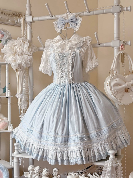 Light Blue Lace-Up Lolita Jumper Skirt with Ruffled Hem