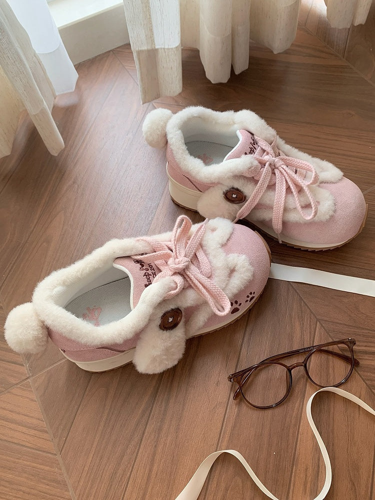 with Ears Lolita Print Accents Pink Sweet Tail Plush Sneakers Embroidery Dog - Paw