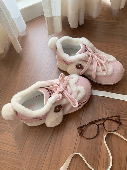 with Ears Lolita Print Accents Pink Sweet Tail Plush Sneakers Embroidery Dog - Paw