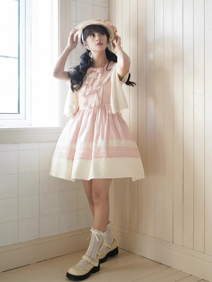 Trims Lolita Accent Beige Pink with Lace Dress and Collar Sailor Bow