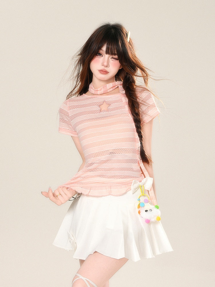 Scarf Star-shaped Cutout Pink Stripes Detail Glamorous T-Shirt with Free