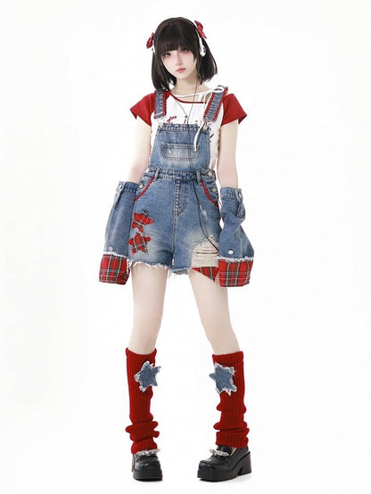 Red Knit Leg Warmers Denim Star Appliques