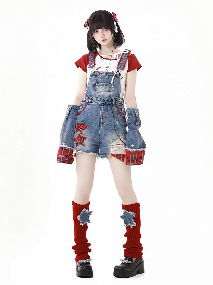 Red  White Colorblock Asymmetrical Neckline Graphic T-Shirt