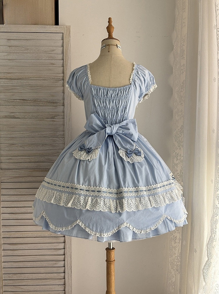 und kurzes Stück blau One Neckline Puff Old Lolita School Ärmel Baumwollkleid Square