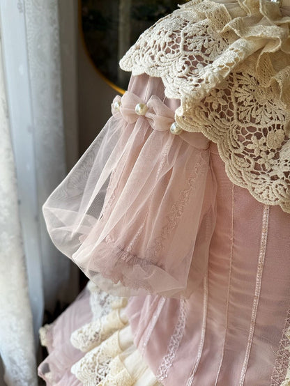 Sleeves Puff Pink with Waist Bow Dress and Sweet Beige Low Lolita Accents