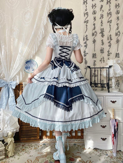 and Floral JSK Dark Lolita Sleeves Dress Embellished Flutter Blue Bow