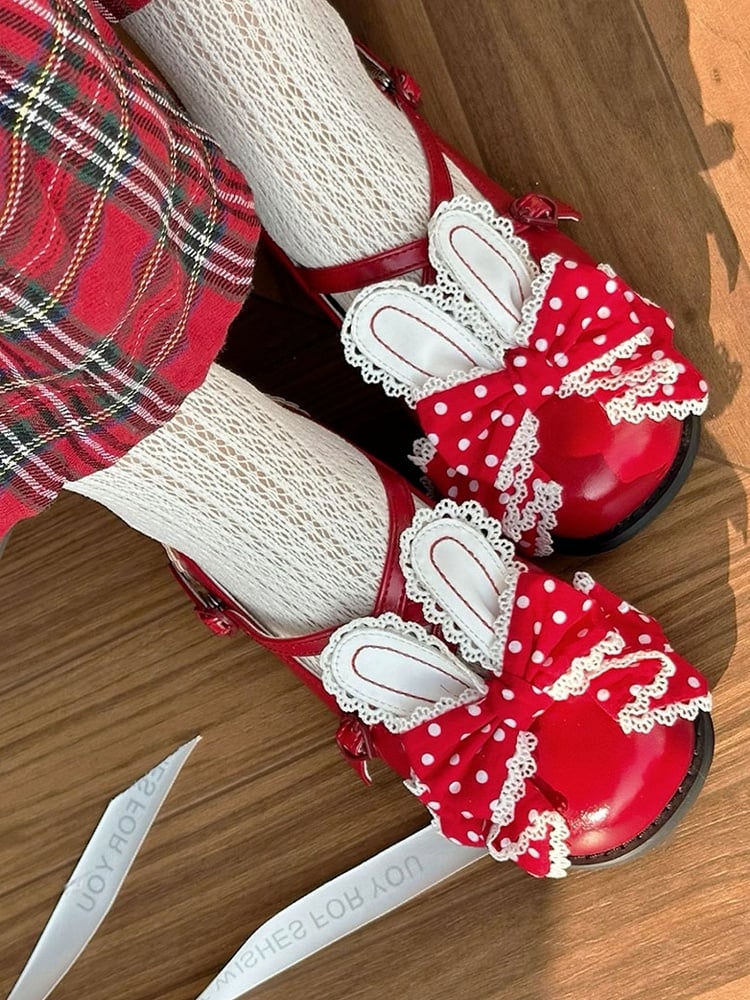 Ear Red Bunny Lolita Polka-dot Pattern Shoes at Crisscross Top Design Bow