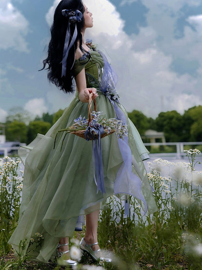Elegant Green Layered High-Low Skirt - Zao Jing Ji
