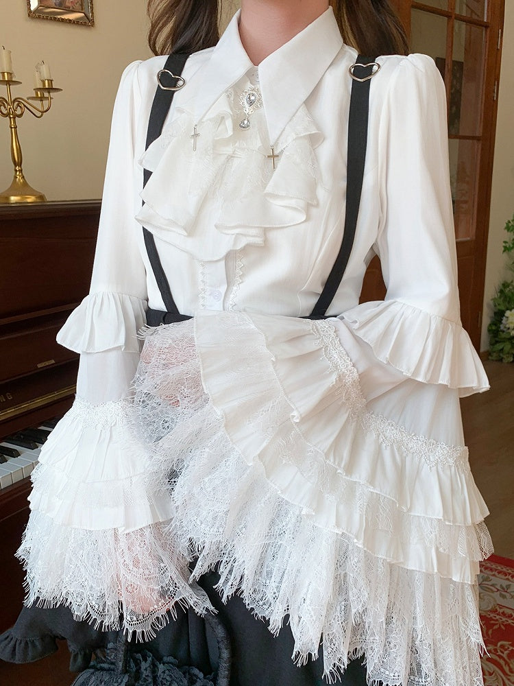 White Lolita Blouse with Layered Lace and Bell Sleeves - Lan Jian Chuan
