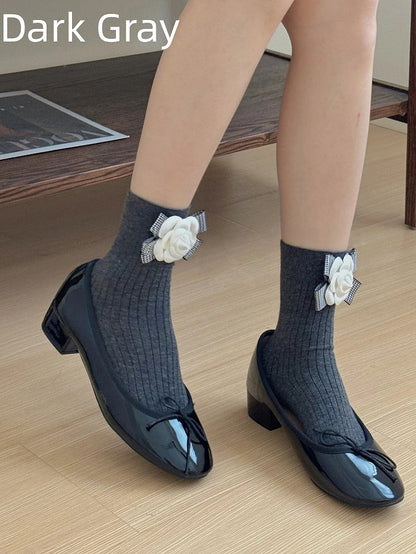 Bow Socks Style) Sweet Ribbed (Elegant Camellia