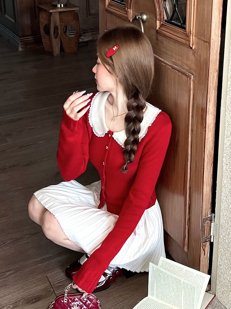 Red Knit Peter Pan Collar Cardigan with Lace - Qchiwawameme