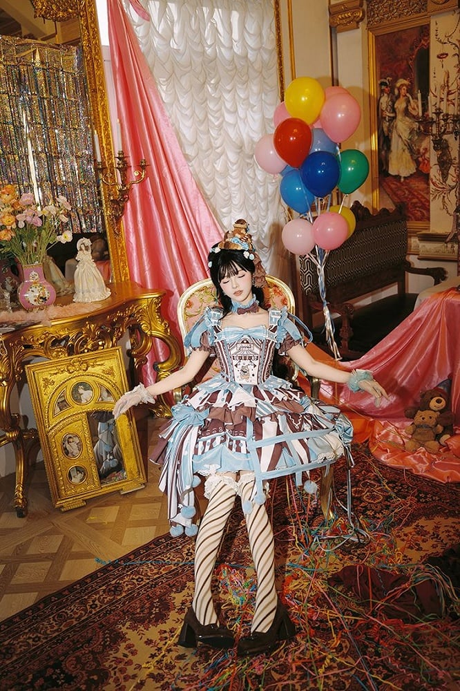 Brown Skirt Sleeves Detachable with Embroidery Dress Circus Lolita Jumper Bunny Blue Sweet Puff and