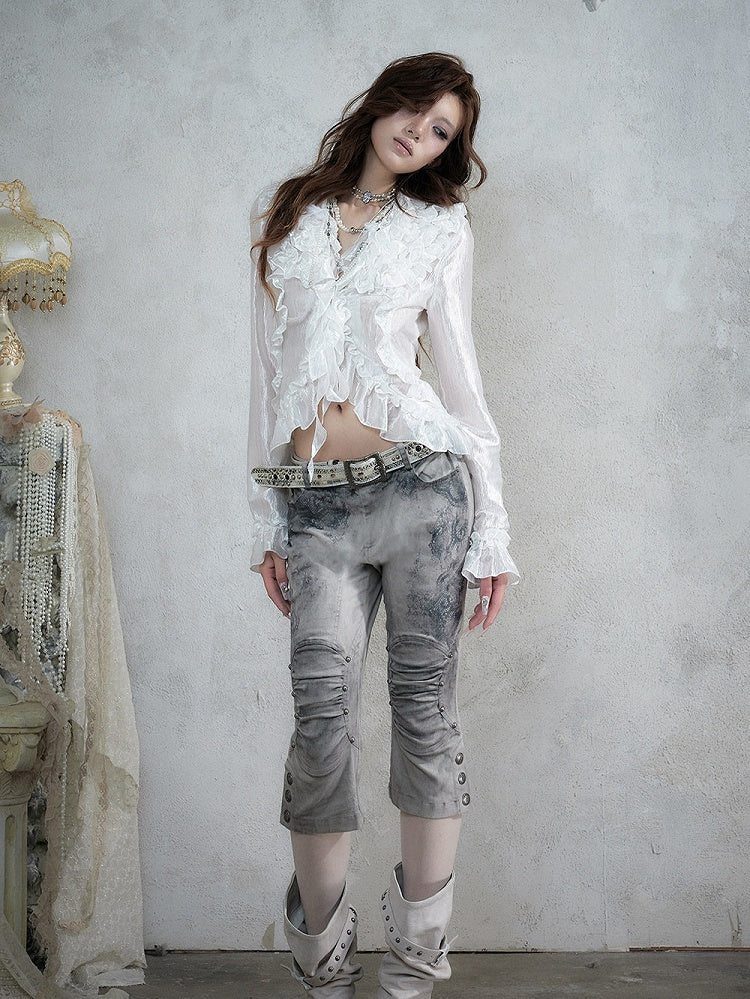 Shimmery White Ruffle Decorated Long Sleeve Blouse with Tie-Back Waist Cinch - NO ROMANCE