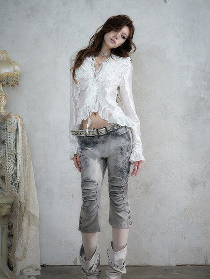 Shimmery White Ruffle Decorated Long Sleeve Blouse with Tie-Back Waist Cinch - NO ROMANCE