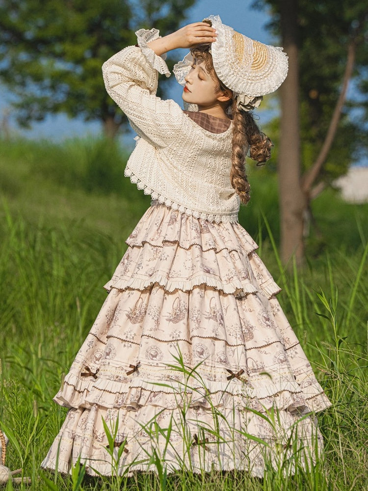 Beige & Brown Floral Print Tiered Ruffles Elegant Classic Lolita Dress + Crochet Lace Lolita Cardigan Set