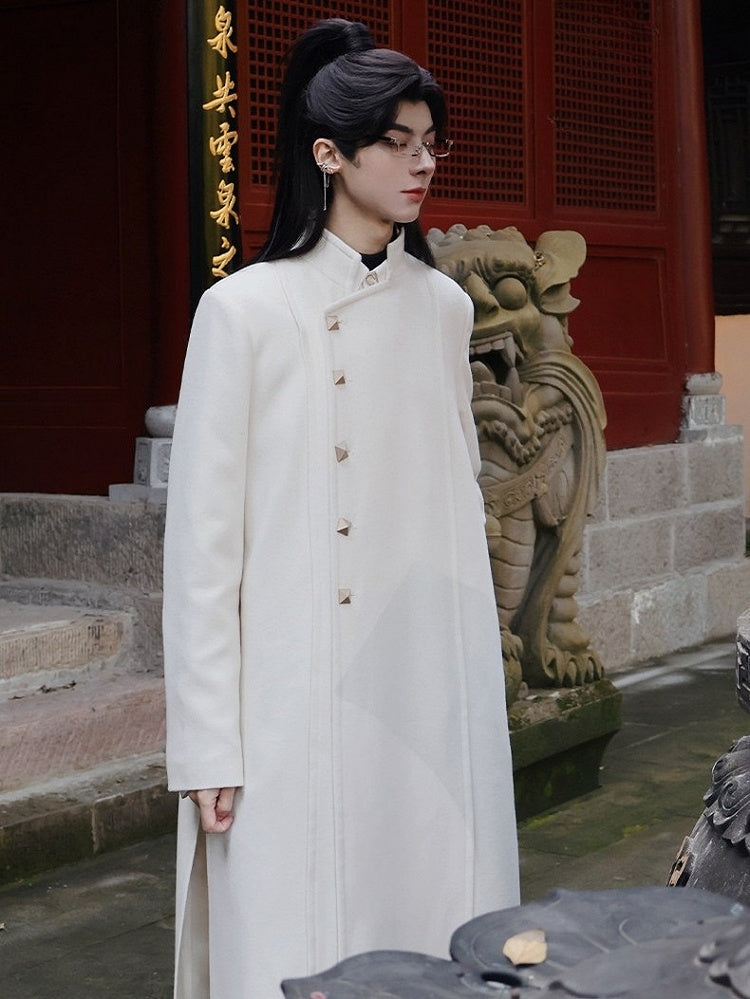 in Style Beige Chinese Coat Vent Design Unisex Front Buttoned Scarf Side Set with