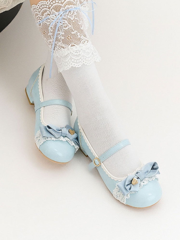 Blue Sweet Berry Low Heels in Lolita Style with Top Bow & Ring Buckle