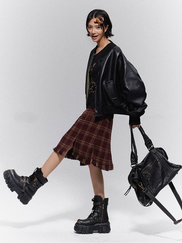 Raw Plaid Hem with Vintage Prep Brown-Red Skirt