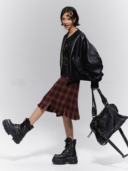 Raw Plaid Hem with Vintage Prep Brown-Red Skirt