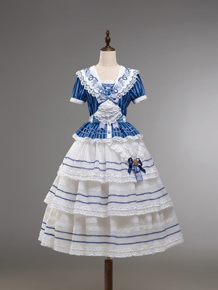 White and Blue Embroidered Sailor Top and Skirt Set - Twin Bear Original Design