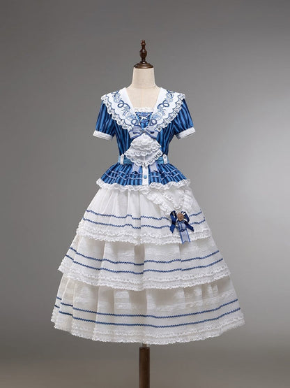 White and Blue Embroidered Sailor Top and Skirt Set - Twin Bear Original Design