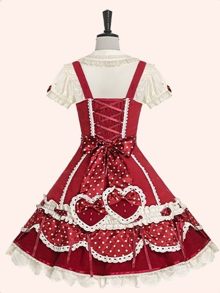 Strawberry-Print JSK Dress with Polka-Dot Bow & Peter Pan Collar Blouse Set - Day Rabbit