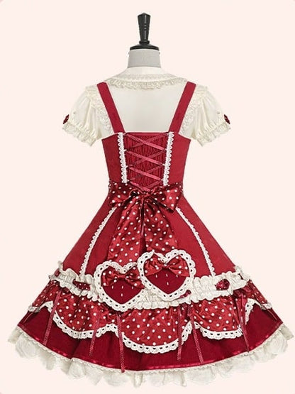 Strawberry-Print JSK Dress with Polka-Dot Bow & Peter Pan Collar Blouse Set - Day Rabbit