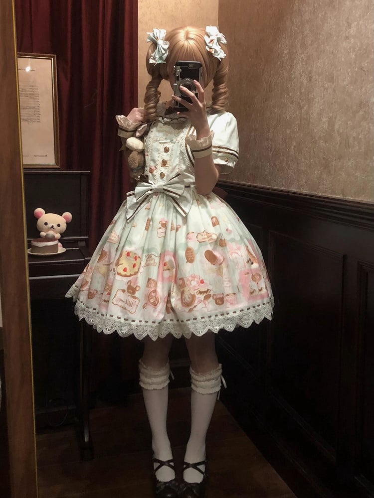 Grüne süße Minze Lolita Thema Desserts zweiteilige Print Kleid gefälschte Design Bär