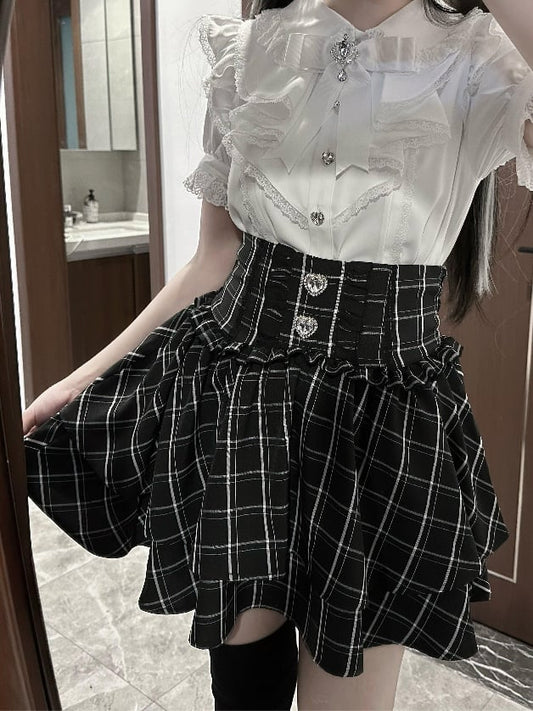 Rhinestones Embellished Jirai Kei Black/White/BlackWhite Heart Tiered Skirt