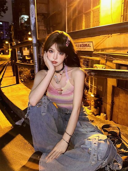 Purple  Green Striped Tank Top with Bow Straps and Pin Detail