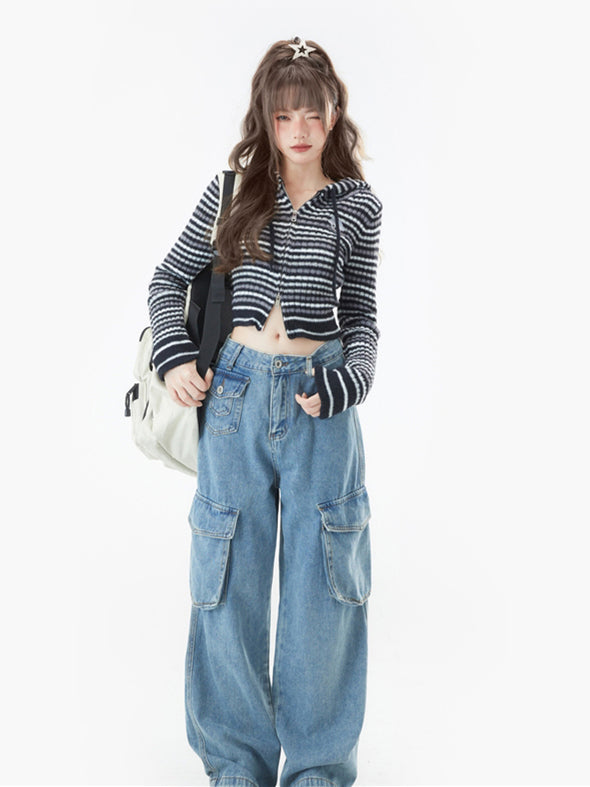 ブラック柄ストライプフードカーディガン / ピンク