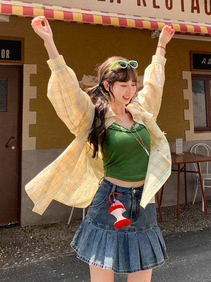 チェックシャツセット グリーンフェイクツーピースキャミソールトップ（イエロー）