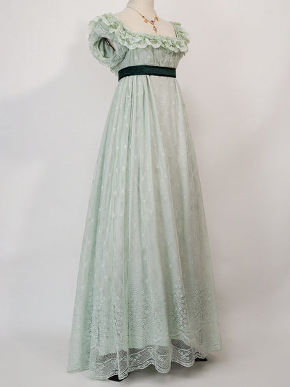 Elegant Empire Waist Dress with Puff Sleeves in Soft Green - Eden Planet