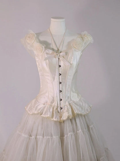 and Accents with Rose Corset Beige Bow Ribbon Lolita Top Shoulder