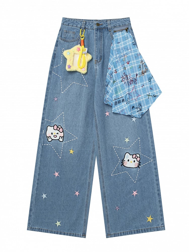 Kawaii Blue Star Jeans with Kitty Embroidery and Plaid Bandana Accent - Languid Park