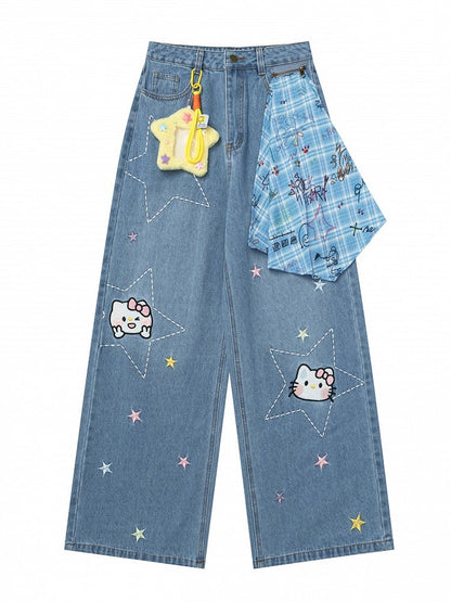 Kawaii Blue Star Jeans with Kitty Embroidery and Plaid Bandana Accent - Languid Park