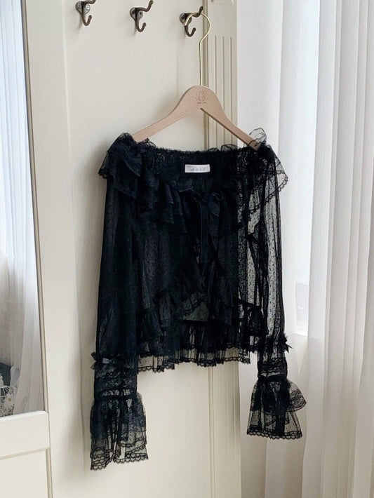Top Black Trimming Flounce Long Sheer Dotted Sleeves Tulle