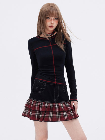 White/Black  Round Neck Long Sleeves T-shirt