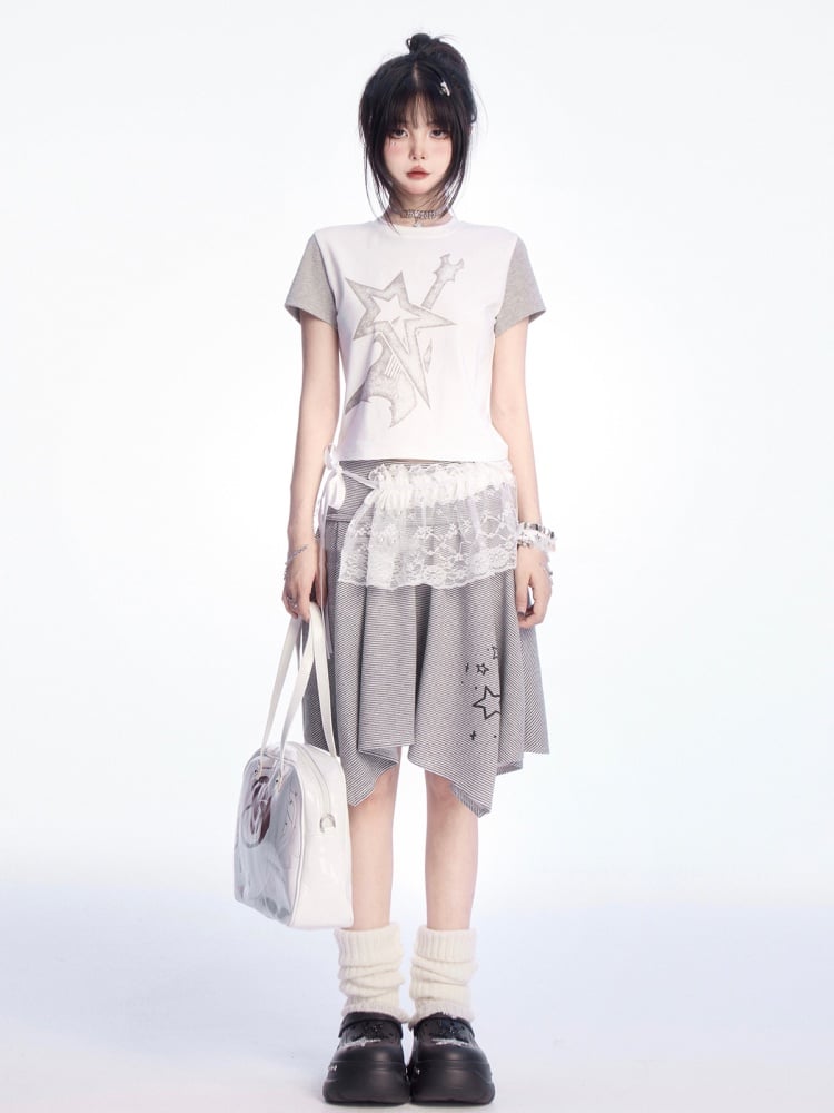 and Waist Asymmetrical Hem Low White Gray Star Print