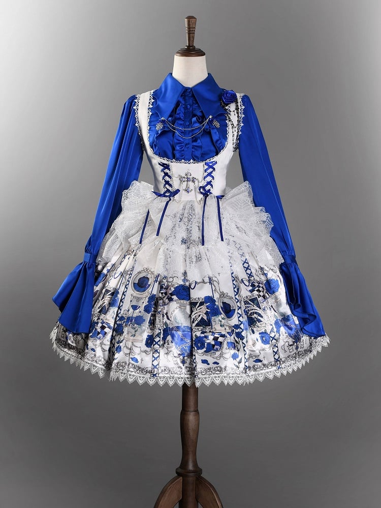 JSK Underbust Tête de Mort Bleue & Blanche avec Toile d'Araignée - Douce Chanson d'Amour