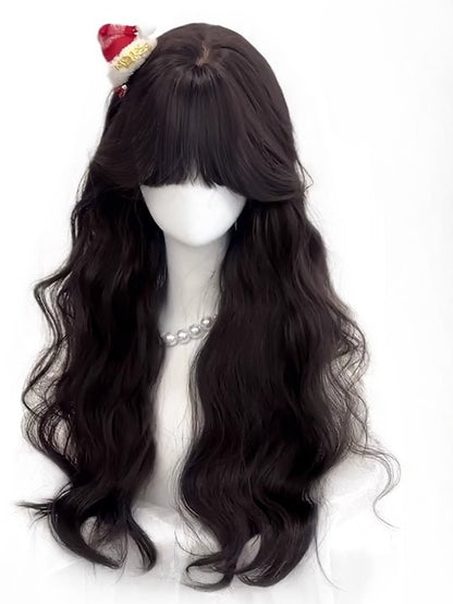 With Wavy Tea/Brown 60CM Black Wig Length Bangs