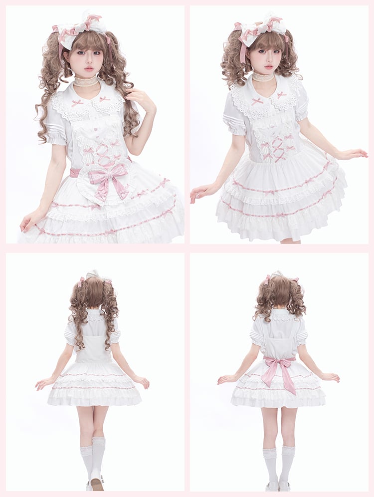 Verzierte Schleife zum Selbstbinden Sweet Lolita Weiße Herzschürze und Rosa