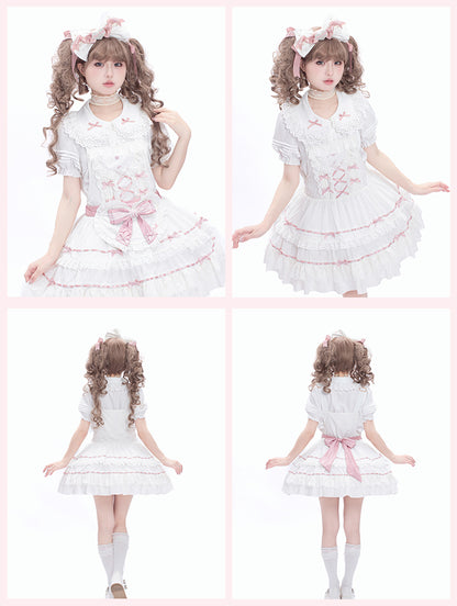 Self-tie and Sweet Decorated Lolita Apron Heart Pink White Bow